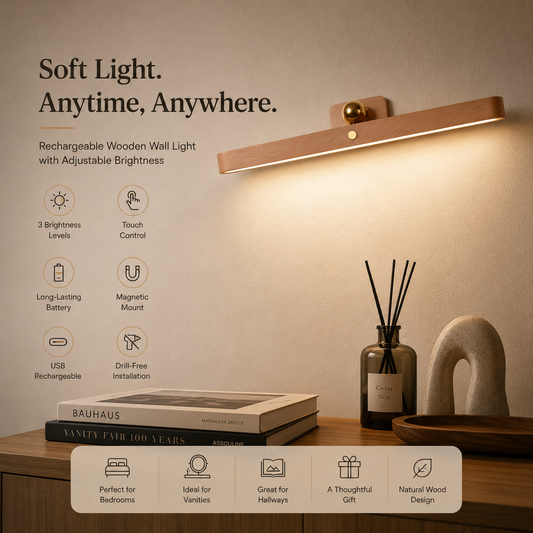 Wooden Wireless Wall Light with Touch Control & Adjustable Brightness