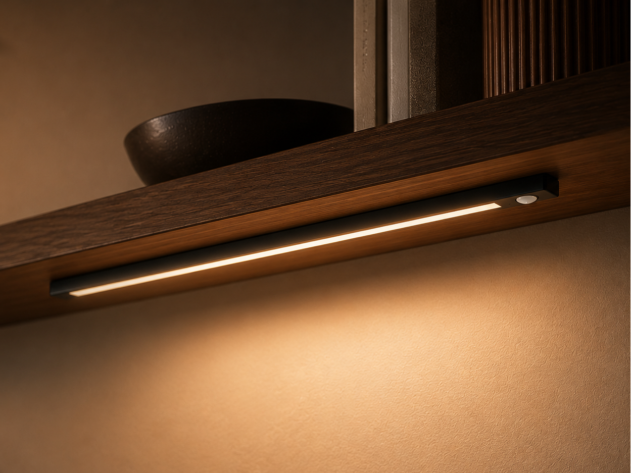 Wooden shelf with a built-in LED light strip on a neutral background
